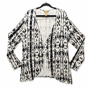 Bit & Bridle Cardigan Large Black White Tribal Ikat Print Open Front Lightweight